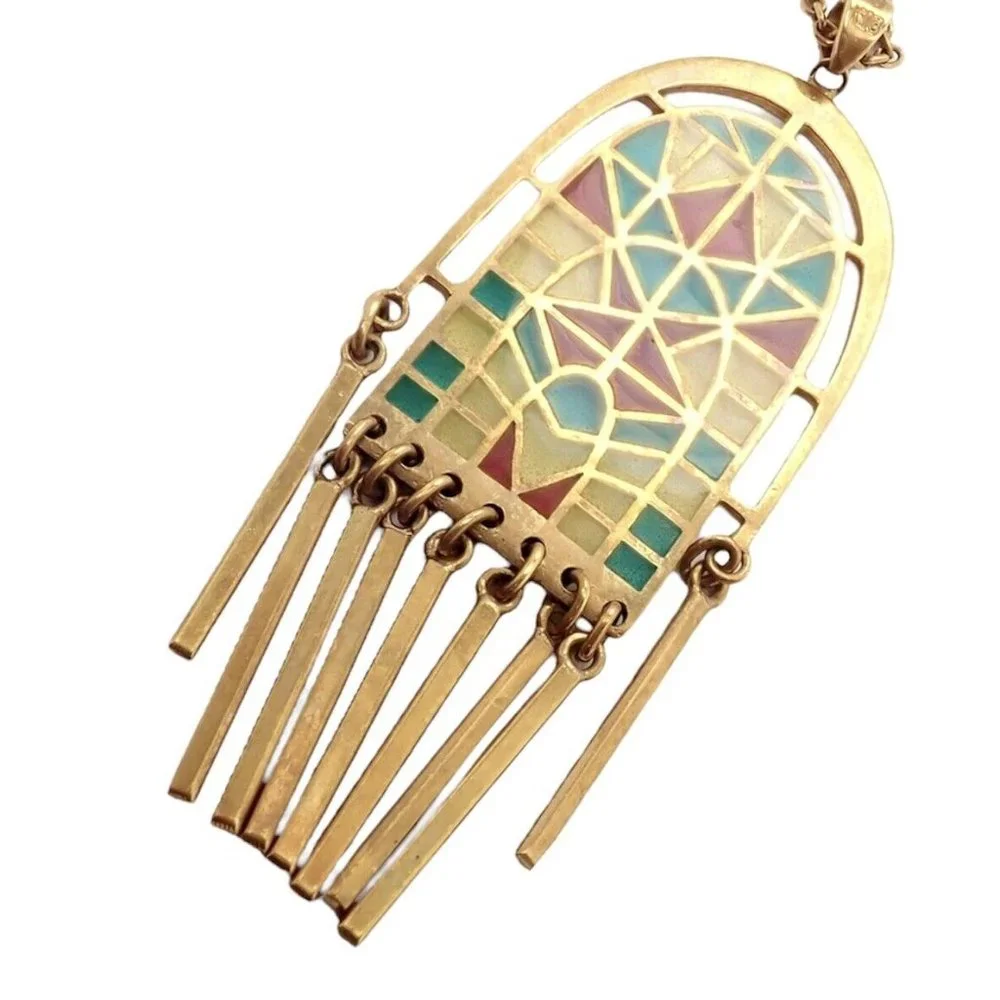 Authentic! Mikimoto 18k Yellow Gold Stained Glass Window Pendant Necklace